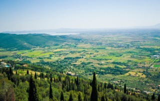 A panoramic view of the Tuscan countryside surrounding Cortona, Italy, featuring rolling hills and lush greenery.