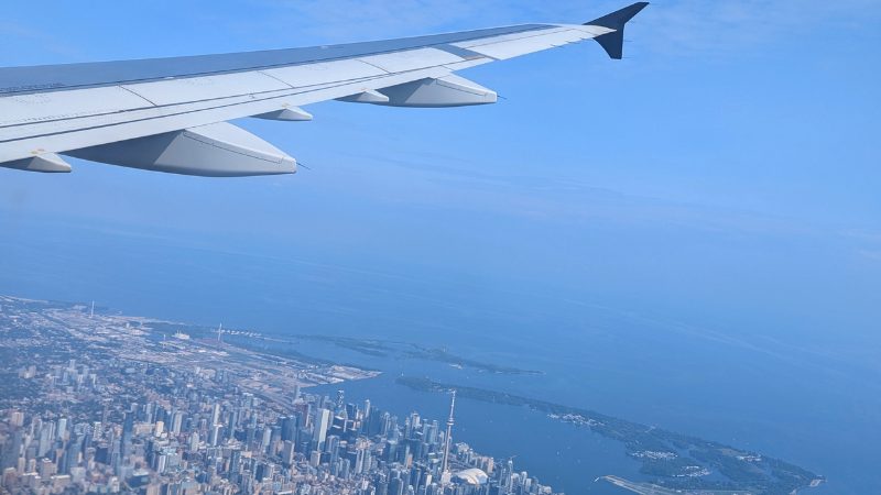 View from an airplane window showing the city skyline and coastline below, symbolizing the journey of returning home after field school abroad