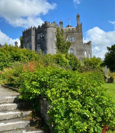 Majestic Birr Castle surrounded by greenery, basking under a clear blue sky, showcasing Ireland's rich cultural heritage