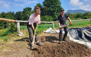 Students participating in an archaeological dig at Bostel di Rotzo in Vicenza, Italy, learning excavation techniques in a field school setting.