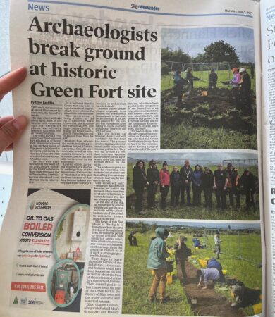 breaking-ground-green-fort-sligo-ireland Newspaper article announcing archaeologists breaking ground at the historic Green Fort site in Sligo, Ireland.